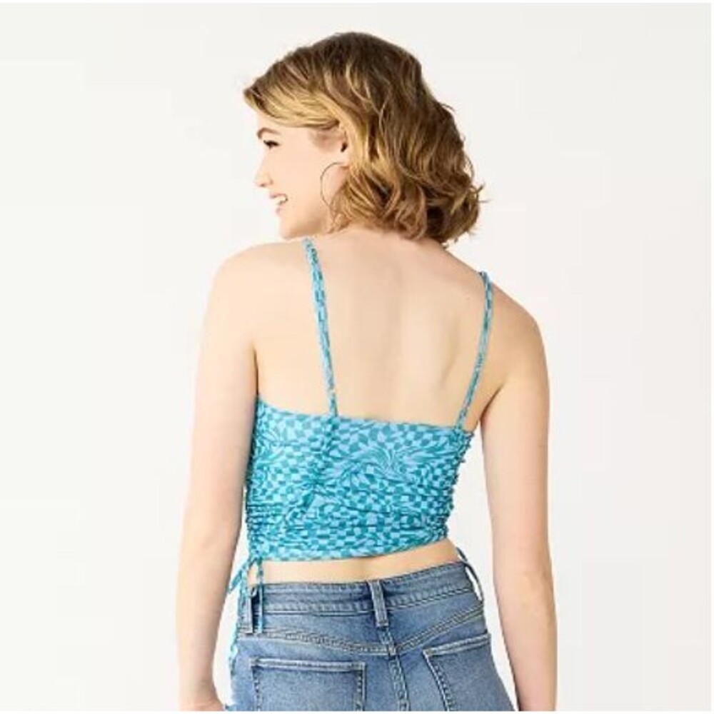 Juniors' XL Side Cinched Cropped Print Cami SO Blue Check - Picture 2 of 2